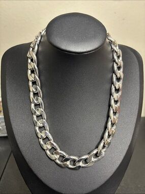 Chunky Silver Tone Cuban Link Statement Chain Necklace